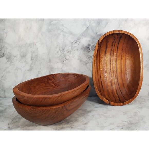 Set of 3 Vintage Kalmar Teak Wood Oblong Bowls, Wood Salad Bowls - Picture 3 of 7